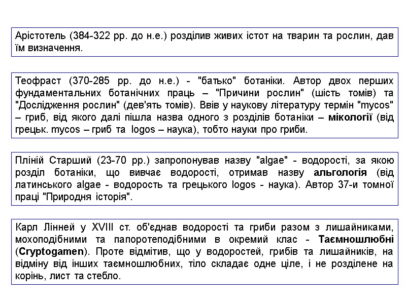 Карл Лінней у XVIII ст. об'єднав водорості та гриби разом з лишайниками, мохоподібними та